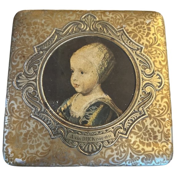 Vtg Embossed Holland Tin Box Old Master Art Hinged Gold Silver READ 4.75" Square - Picture 11 of 16